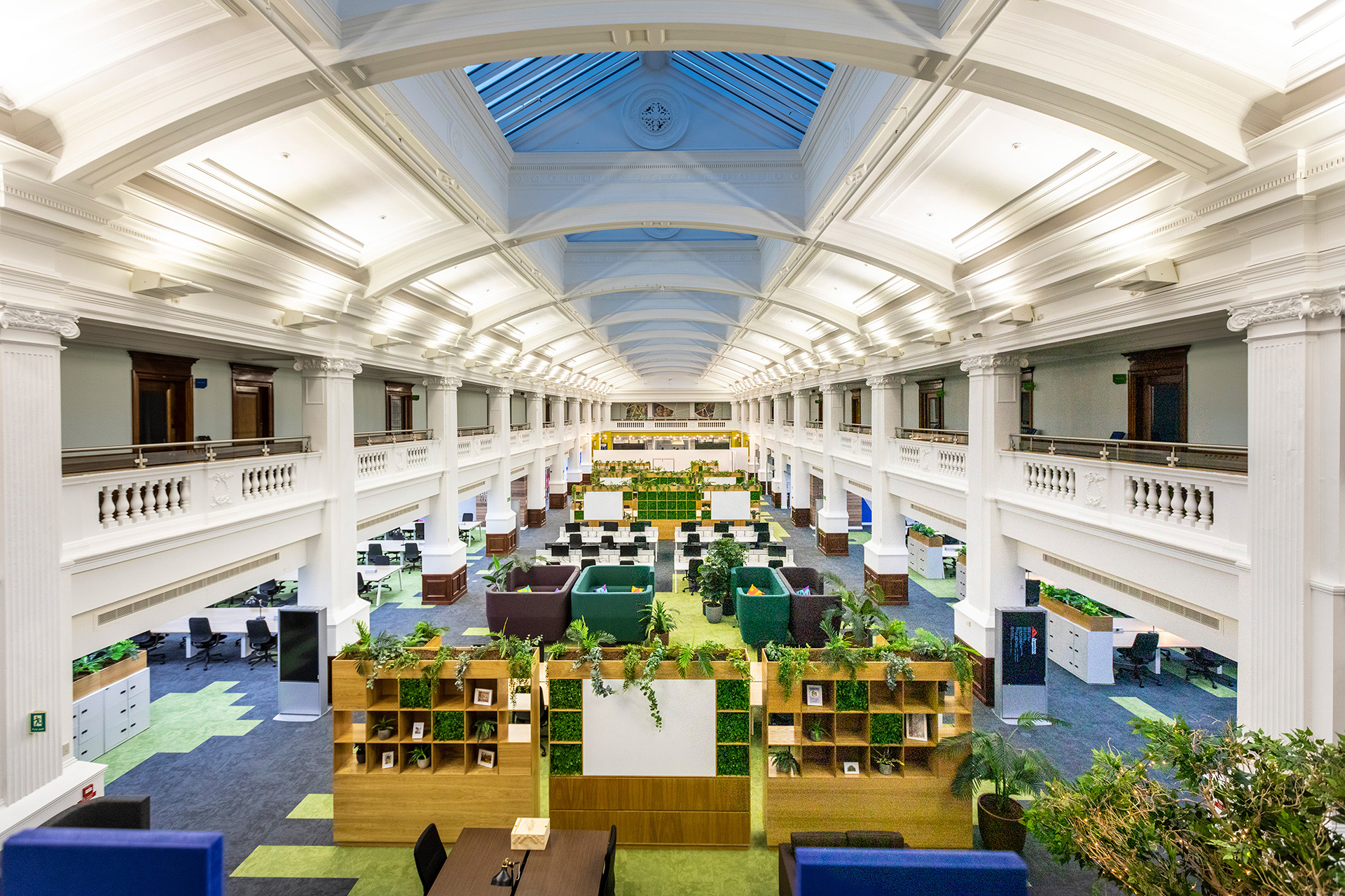 South Wing of Port Sunlight, with greenery, seating and desks