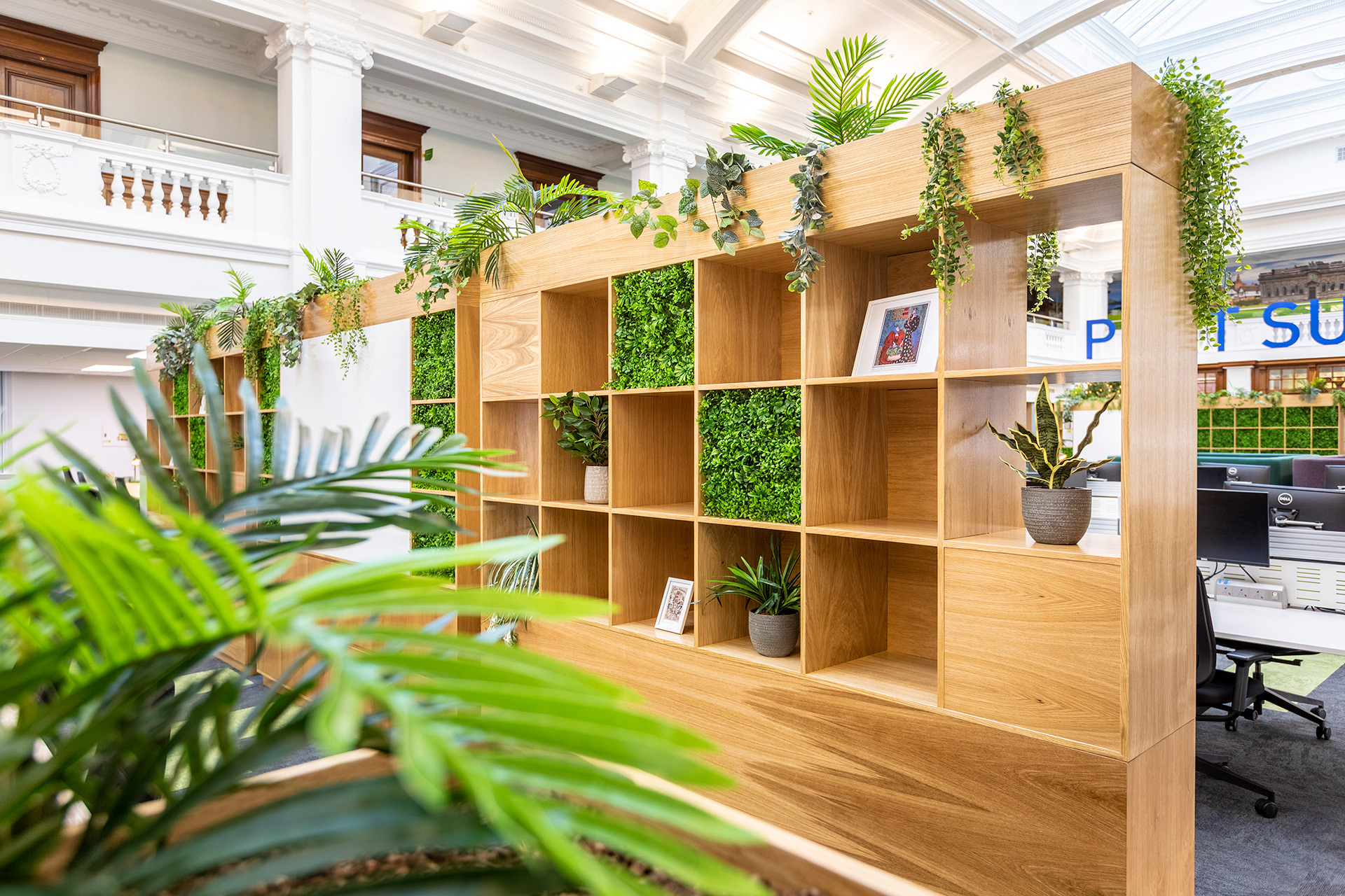 Bookcase with plants and framed photos