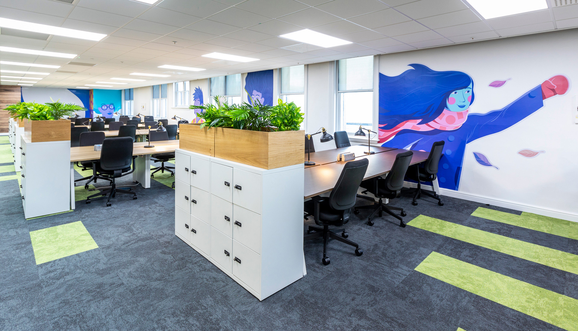 Desks with wooden planters