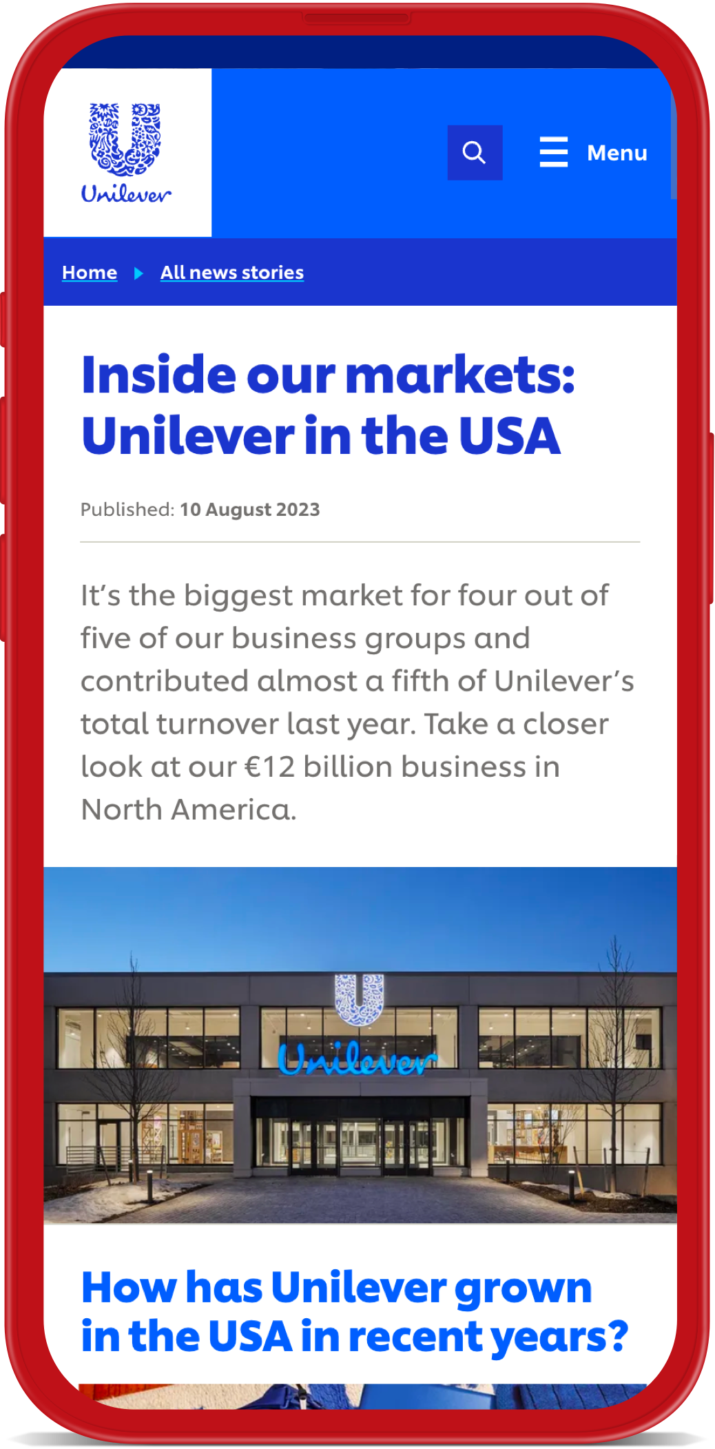 Screengrab of Unilever's website showing a news story